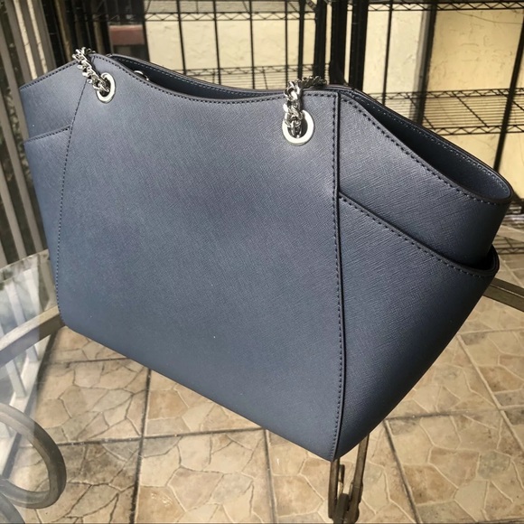 MICHAEL KORS JET SET TRAVEL LARGE CHAIN SHOULDER LEATHER TOTE BAG NAVY/SILVER - Picture 2 of 9